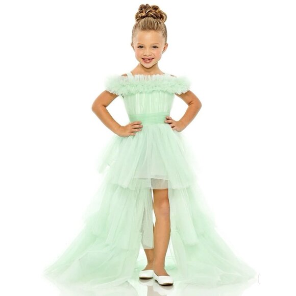 Mac Duggal Gown Dress Girls Size 2 Off The Shoulder High Low Tulle Layered